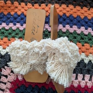 Free People Style Bohemian Cream Fringe Slide Sandals